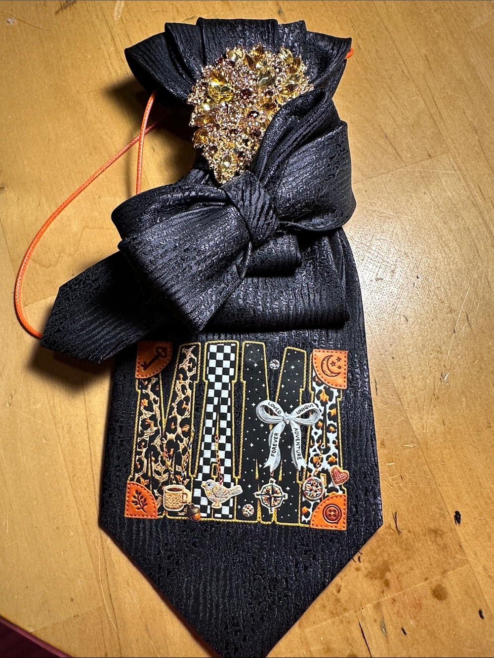 Croft & Barrow Silk Necklace Tie with Gold Crystal Brooch and Orange Accent